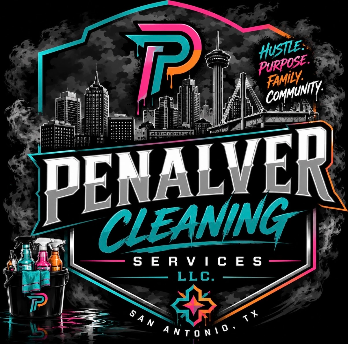 Penalver Cleaning Services LLC official logo — Hustle. Purpose. Family. Community. San Antonio, TX