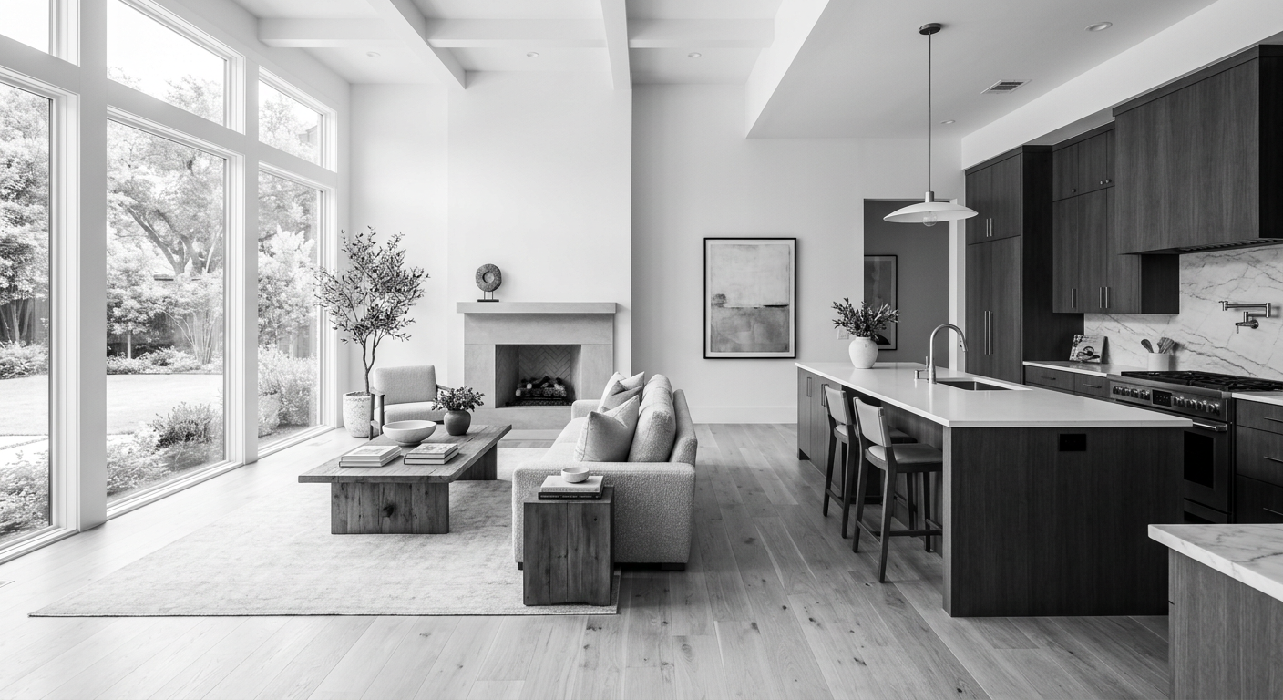 A bright, freshly cleaned modern living room and kitchen